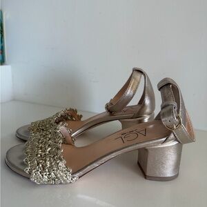 AGL Italian Made Gold Chain-Embellished Block Heel Sandals